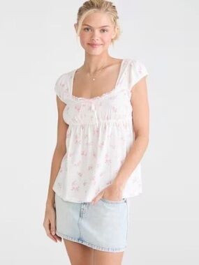 Aeropostale Floral Scoop-Neck Babydoll Tee Size Medium White Pink Coquette Girly